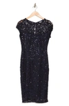 Marina Sequin Lace Cap Sleeve Sheath Dress In Navy