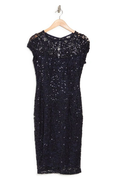 Marina Sequin Lace Cap Sleeve Sheath Dress In Navy