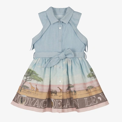Lapin House Kids' Girls Blue Linen Safari Print Dress