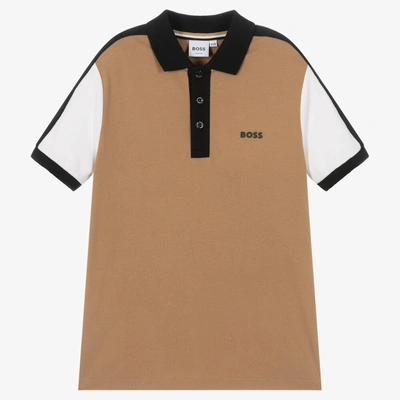Hugo Boss Teen Boys Tan Brown Logo Polo Shirt In Beige