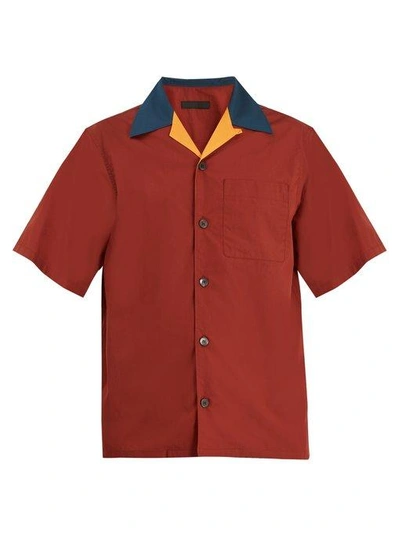Prada Contrast-collar Cotton Bowling Shirt In Blue Multi