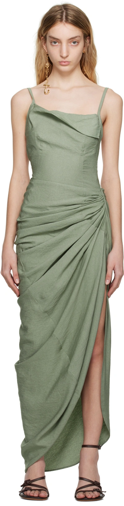 Jacquemus L'année 'la Dressing Gown Adour' Maxi Dress In Green Viscose In Khaki