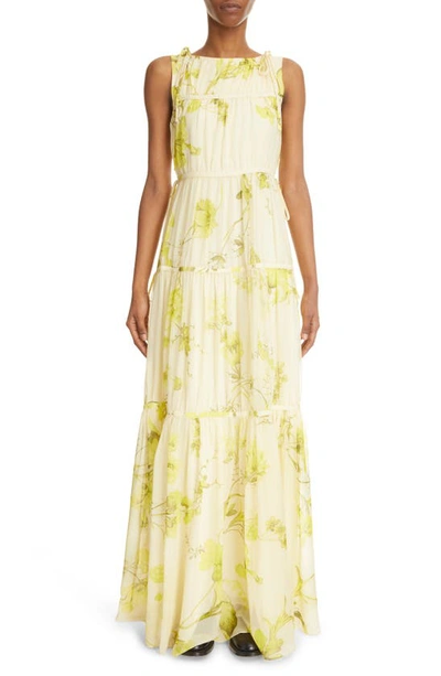 Erdem Isla Tie-detailed Tiered Floral-print Cotton-voile Gown In Lemon + Yellow