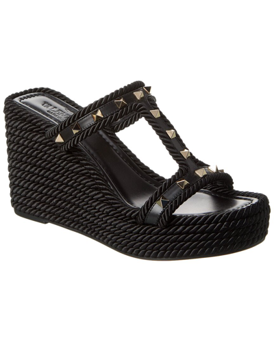 Valentino Garavani Rockstud Rope Wedge Espadrille Sandals In Black