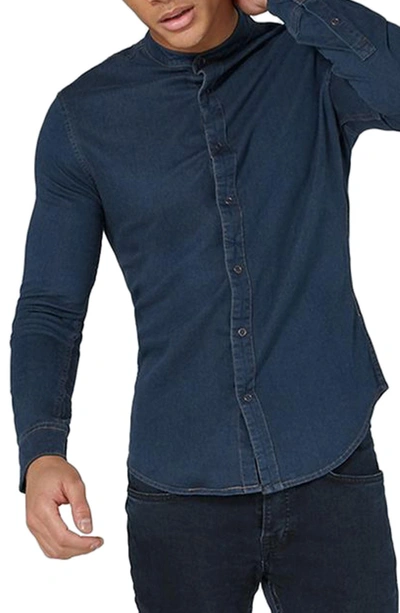 Topman Band Collar Denim Shirt In Blue