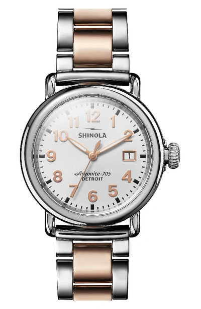 Shinola 36mm The Runwell Two-tone Bracelet Watch In Rose Gold/ White/ Silver