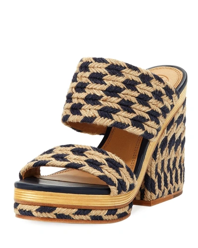 Tory Burch Women's Lola Woven Jute & Leather High-heel Slide Sandals In Perfect Navy/ Perfect Ivory
