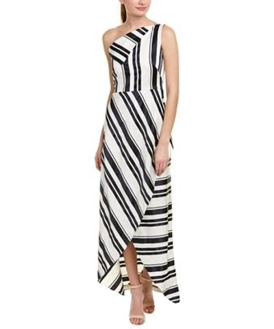 Kay Unger One-shoulder Cross Front Maxi Dress In Navy/ White