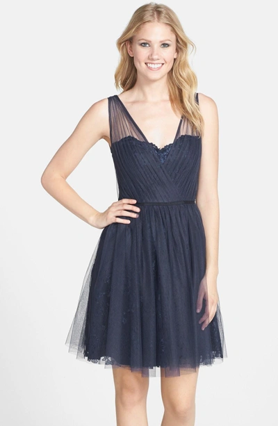 Monique Lhuillier Bridesmaids Fit & Flare Tulle Dress In Navy