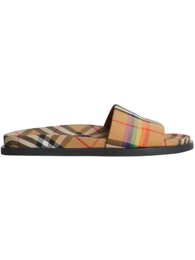Burberry Ashmore Low-top Rainbow Check Slide Sandals In Antique Yellow