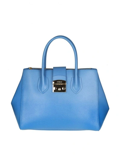 Furla Metropolis M Hand Bag In Light Blue Color Leather