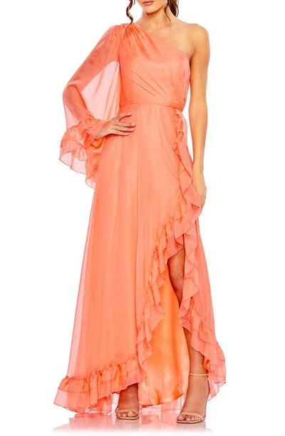 Mac Duggal One-shoulder Ruffle Detail A-line Gown In Light Coral
