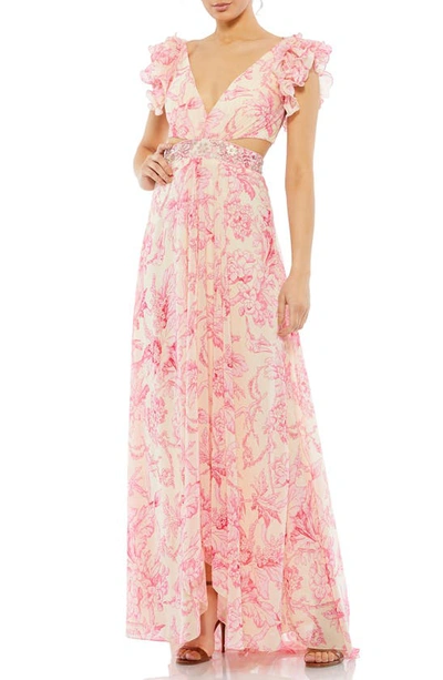 Mac Duggal Floral Print Cutout Chiffon Gown In Pink Multi