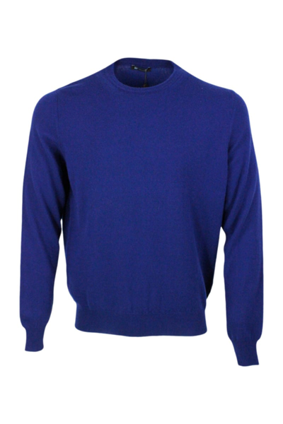 Colombo Long-sleeved Crewneck Sweater In Fine 2-ply 100% Kid Cashmere With Special Processing On The Edge Of In Blue