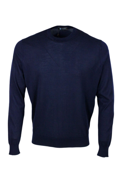 Colombo Light Crew Neck Long Sleeve Sweater In Fine 100% Cashmere And Silk With Special Processing On The Pr In Azul