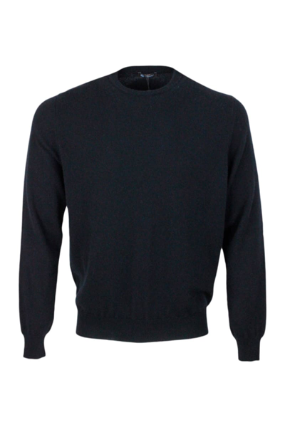 Colombo Long-sleeved Crewneck Jumper In Fine 2-ply 100% Kid Cashmere With Special Processing On The Edge Of In Black