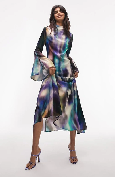 Topshop Long Sleeve Satin Midi Dress In Purple