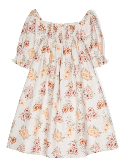 The New Society Kids' Palermo Floral Linen And Cotton Dress In Neutrals