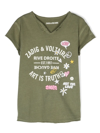 Zadig & Voltaire Kids' Girls Green Cotton Henley Logo T-shirt In Verde Oliva