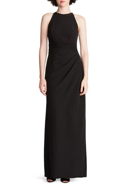 Halston Annika Pleated Rhinestone Halter Gown In Black