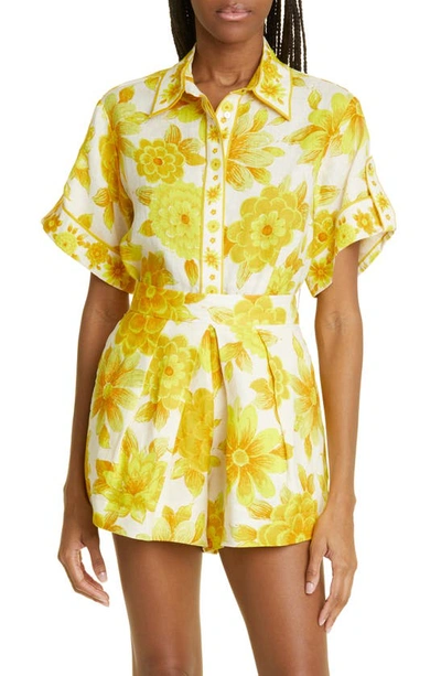 Alemais Sonny Oversized Floral Linen Tab-sleeve Shirt In Yellow