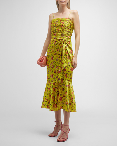 Cinq À Sept Cinq A Sept Provence Katz Ruched Floral Print Satin Midi Dress In Multi