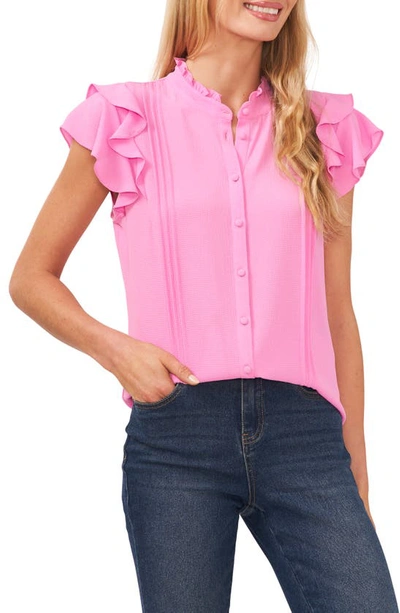 Cece Pintuck Ruffle Short Sleeve Blouse In Bright Peony