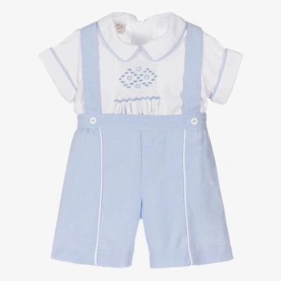 Pretty Originals Babies' Boys White & Blue Smocked Shorts Set