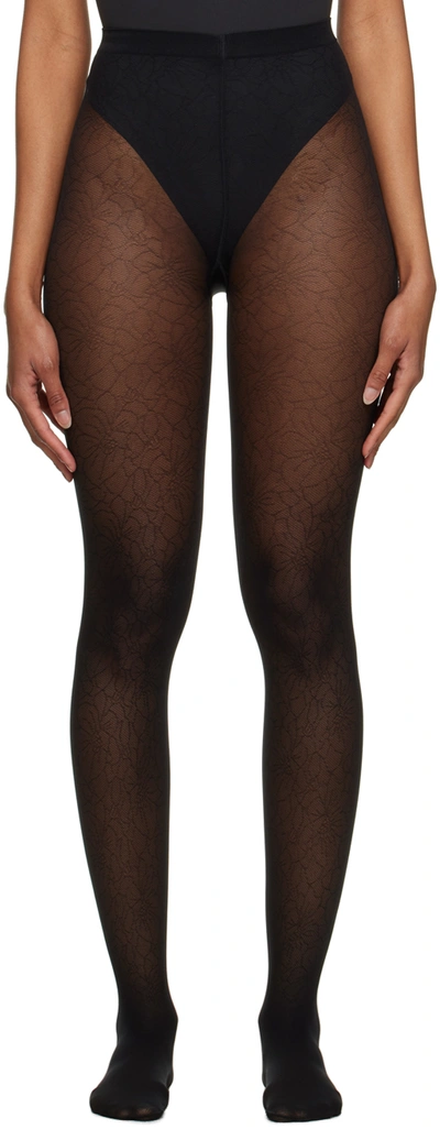 Wolford Matte Floral Lace Tights In Black