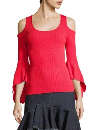 Scripted Ribbed Cold-shoulder Bell-sleeve Sweater In Red