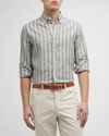 Brunello Cucinelli Easy Fit Linen Shirt With French Collar In Green/white