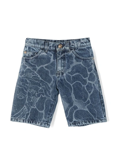 Versace Kids' Abstract-print Denim Shorts In Blue
