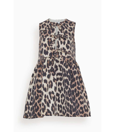 【GANNI】Print Denim Tieband Mini Dress Ganni Print Denim Tieband Mini Dress In Big Leopard Almond