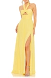 Mac Duggal Ruched Halter Neck Gown In Sunshine