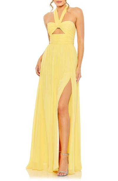 Mac Duggal Ruched Halter Neck Gown In Sunshine