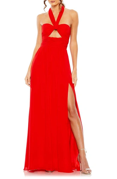Mac Duggal Ruched Halter Neck Gown In Red
