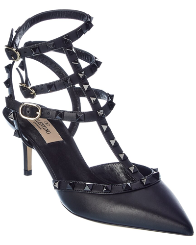 Valentino Garavani Valentino Rockstud Caged 65 Leather Ankle Strap Pump In Black