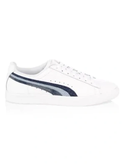 Puma Clyde Denim-striped Leather Sneakers In White