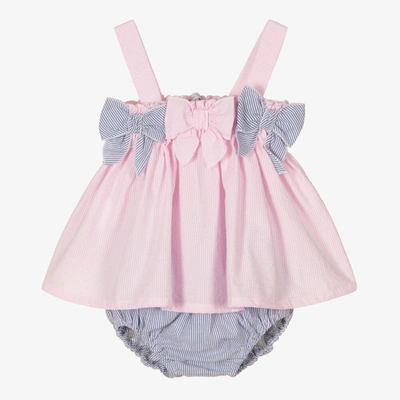 Balloon Chic Baby Girls Pink & Blue Striped Cotton Dress