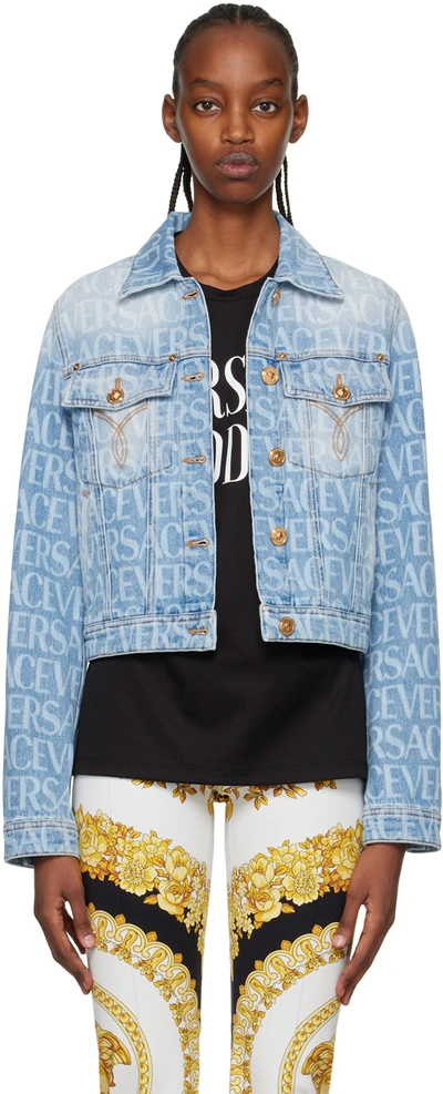 Versace All-over Logo Denim Jacket In Light Blue