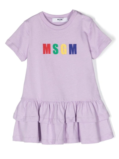 Msgm Purple Dress For Baby Girl With Embroidered Logo In Lilla