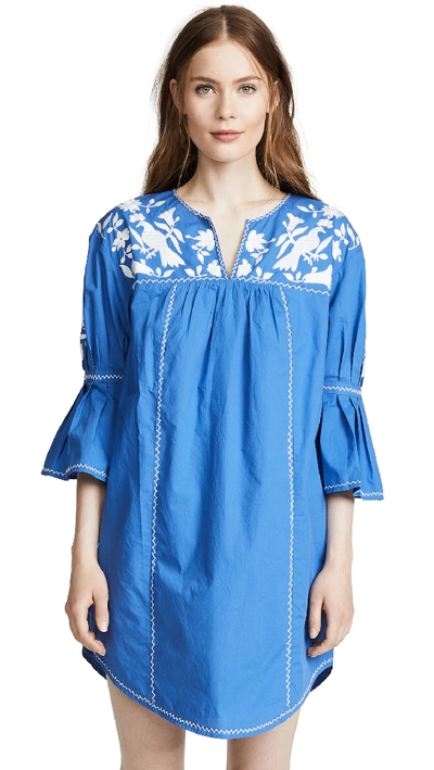 Joie Clodagh Split-neck Cotton Dress With Floral-embroidery In Baja Blue