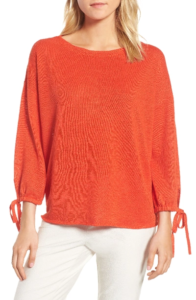 Eileen Fisher Organic Linen Knit Tie-cuff Sweater In Hot Red