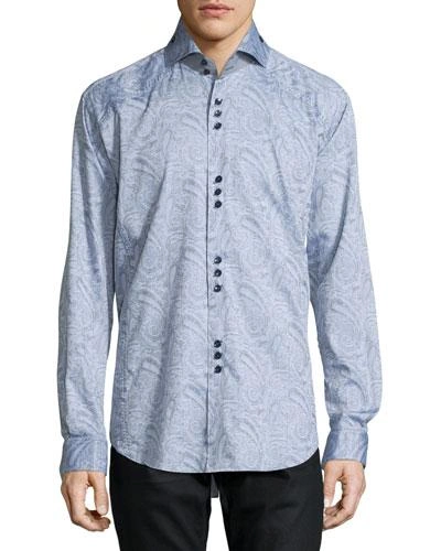 Bogosse Paisley Jacquard Long-sleeve Sport Shirt, Gray