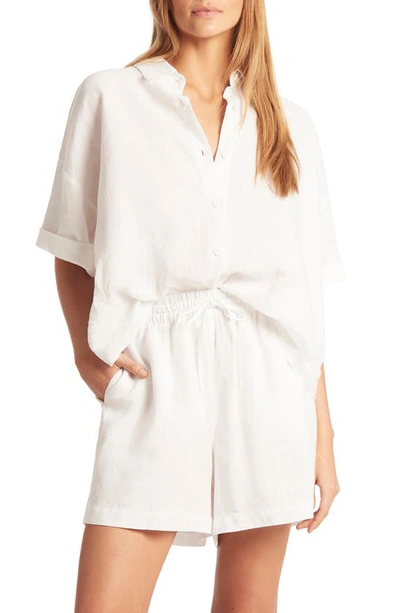 Sea Level Tidal Resort Linen Cover-up Button-up Shirt In White