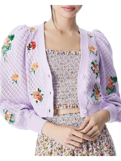 Alice And Olivia Morita Cropped Embroidered Pointelle-knit Cotton-blend Cardigan In Purple