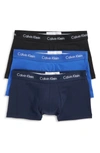 Calvin Klein 3-pack Stretch Cotton Low Rise Trunks In Black/ Blue Shadow/ Cobalt