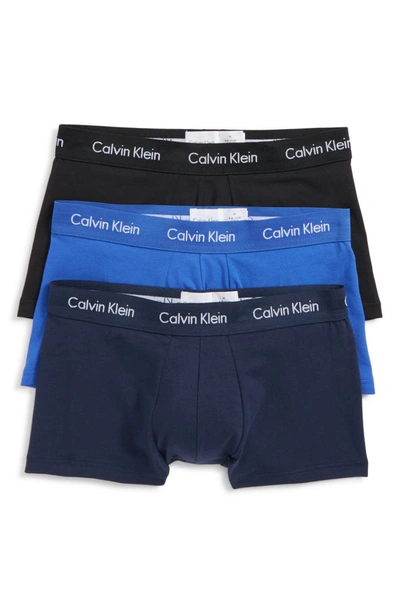 Calvin Klein 3-pack Stretch Cotton Low Rise Trunks In Black/ Blue Shadow/ Cobalt
