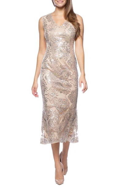 Marina Sequin Embellished Midi Cocktail Dress In Champ