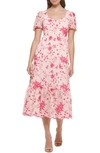 Kensie Floral Embroidered Puff Sleeve Chiffon Midi Dress In Blush/ Rasberry